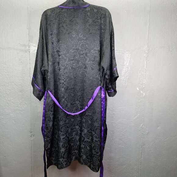 Vtg Victoria Secret Gold Label Robe One Size Satin Rose Black Purple Tie Kimono - Picture 6 of 15